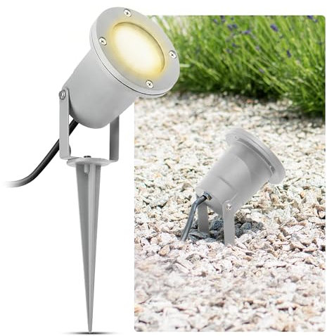 SSC-LUXon LED Gartenstrahler mit Erdspieß für außen in silber/grau Gartenleuchte Kopf schwenkbar mit 3W GU10 LED Lichtfarbe warmweiß