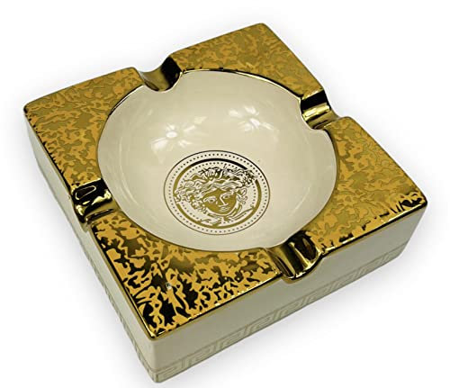 Bavary Luxus Porzellan-Aschenbecher, Mäander-Design, Weiß-Gold, Vintage-Stil