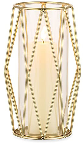 Nuptio Gold Pillar Candle Holder: Glass Hurricane Candles Holders with Geometric Metal Rack Stand for Wedding Birthday Party Centerpieces - Decorative Flower Vase for Office Living Room