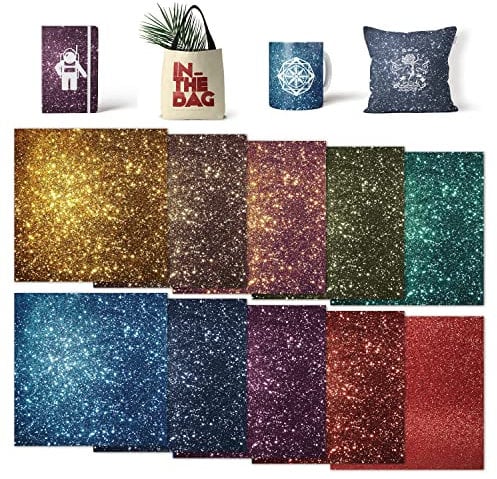 Insoluble Transfer Sheets-Glitter-Sublimation Paper for T-Shirts Cup Coasters Mug,10 PCS/Set, 12x12(Gold Green Blue Purple Brown)