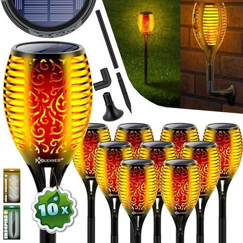 KESSER® Gartenfackel Solar 10er Set Solarleuchten 96 LEDs Flamme mit Wandhalterung + Erdspieß Licht-Sensor Wetterfest Garten Solarleuchte Fackel Lichter LED Gartenlampe Solarlampe Flammenlicht