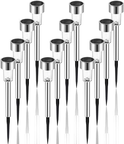 Aigostar Solar Lights Outdoor Garden, Solar Powered Stake Lights 12 Pack, Pathway Light for Driveway Patio Walkway, IP65 Waterproof Stainless Steel Post Path Light