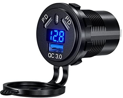 Thlevel USB C Car Charger Socket Waterproof Fast Charge Power Outlet 45W PD & 18W QC3.0 with LED Digital Voltmeter and Switch for 12V 24V Marine Boat Motorcycle Truck