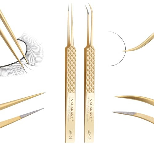 NAGARAKU 1 Paire Pince Microfibre Pinces à Épiler Précision Professionnelles 5cm Pointe Fine Antistatique Pinces Droites & Courbées Pour Prendre des Cils Individuel ou des Volumes Prémontés (AG-01&02)