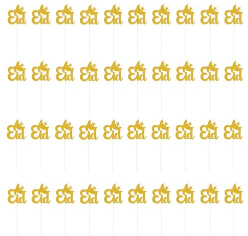 Eid Mubarak Cupcake Topper, 32 Stück Gold Glitzer Cake Umrah Mubarak Kuchen Topper, Ramadan Muslimischen Tortenaufsatz Kuchen Sticks für Muslime Eid Party Torten Deko
