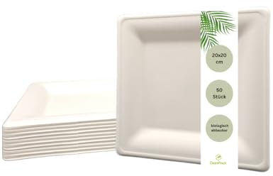 DeinPack 50 platos de caña de azúcar de 20 x 20 cm, color blanco, cuadrado, plato de fiesta, vajilla desechable, orgánica, platos de bagazo