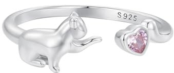 Qings Katzen Ring mit Rosa Herz für Damen 925 Sterling Silber Vintage Tier Offener Verstellbarer Ring für Frauen