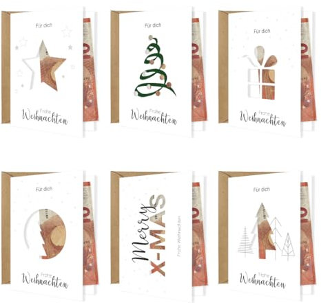PuK Weihnachtskarten Set Geldgeschenk mit Umschlägen | 6 Klappkarten DIN A6 mit Cutouts | Weihnachtsklappkarten mit Umschlägen | Geldgeschenk Weihnachten Karte (Set)