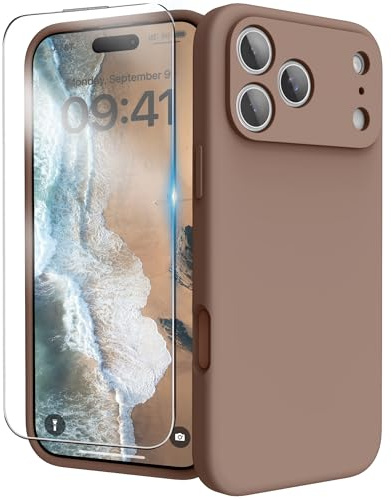 INGIDO für iPhone 17 Pro Silikon Hülle mit Schutzfolie - Hellbraun | 6,3 Zoll Flüssigsilikon Hülle Upgraded Kameraschutz Soft Mikrofaserfutter Handyhülle Schutz Case