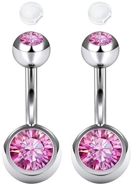 AceFun 2 Piercing Belly Bar 8mm Silver 14G with Sparkling Pink Cubic Zirconia Externally Threaded Navel Belly Button Bars Piercings Curved Barbell Jewelry For Women