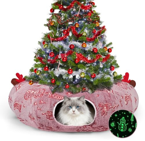 Weihnachtliches Katzentunnelbett, Katzentunnel mit waschbarem Kissen, Schneemann, Hirsch