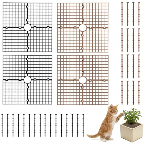 Spetsbst 4 Stück Blumentopfgitter Quadrat 30cm, Pflanzenschutz Katze | PP-Material Abdeckung für Pflanzen, Blumentopf Gitter mit verlängertem Befestigungsstift Schützt Pflanzen vor Kinder Tierfraß