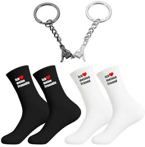 2 Paar Geschenk für Ihn sie Valentinstag Socken 35-46, 2 Stück Partner Schlüsselanhänger, Paar Geschenke für Beide, Lustige Ich Liebe Dich Geschenke für Männer Geburtstag Partner Geschenke Jahrestag