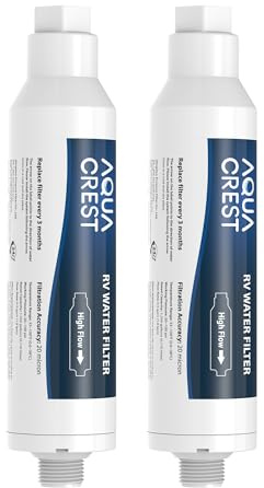 AQUA CREST RV Inline Water Filter, NSF Certified for RV and Marines, Campers, Gardening, Planting, Drinking & Washing Filter, Pack of 2