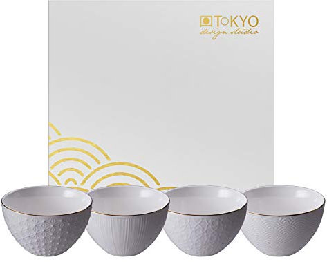TOKYO design studio Nippon White 4-er Schalen-Set weiß, mit Gold-Rand, Ø 11,6 cm, 6,4 cm hoch, ca. 300 ml, asiatisches Porzellan, Japanisches Design, inkl. Geschenk-Verpackung