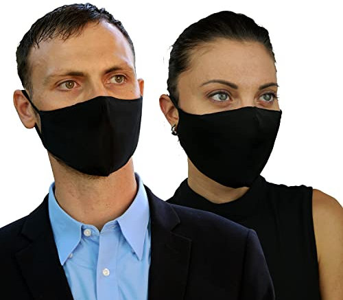 FLOWZOOM 2 Stk. Stoff-Masken | Mund und Nasenschutz | Mundschutz waschbar schwarz mit verstellbaren Gummibänder | Innen Baumwolle, außen Polyester | Mit Filterfach