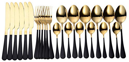 Cutlery Dinnerware Set, Gold and Black Kitchen Forks Knives Spoons Kit Dinner Set(24 Pieces),black gold 24 pcs