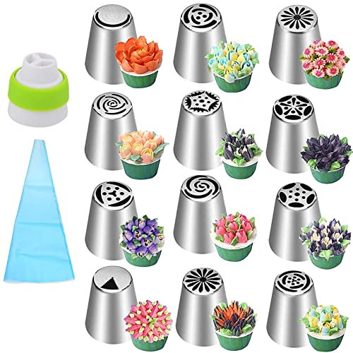 TONAUP Spritztüllen Set,Russische Spritztüllen Set Sahnespender 14 Stück Zum Verzieren von Cupcakes Torten Rosen Blumen für Cupcake Dekoration Torten Kuchen