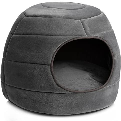 Hollypet Cat Bed Small Dog Bed, 2-in-1 Foldable Pet Bed, Warm and Soft Coral Velvet Pet Nest for Cats and Small Dogs, Dark Gray, L