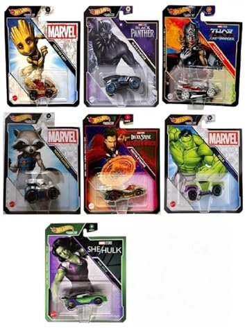 Hot Wheels Marvel Character Cars Pack mit 7 Fahrzeugen – Groot, Black Panther, Thor, Rocket, Doctor Strange, Hulk und She Hulk