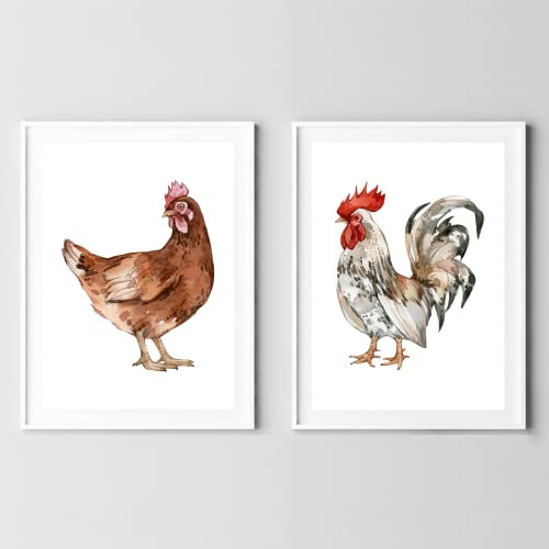 Din A4 Kunstdruck ohne Rahmen 2er Set - Hahn Huhn - Haushuhn Henne Gockel Vogel Natur Aquarell Bild Druck Poster Bild