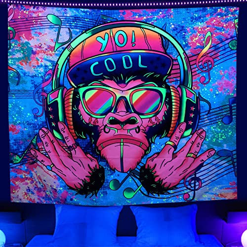 Yagizaul Wandteppich für Schlafzimmer, UVreaktives Schwarzlicht, Musik, Affe, Wandbehang, GraffitiWandteppich, Raumdekoration, Ästhetik, Party, Poster, leuchtet im Dunkeln, Wandteppich, 152,4 x