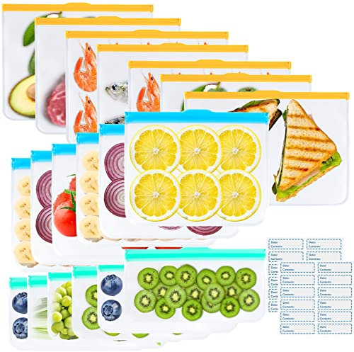 Exllena Reusable Silicone Freezer Bags + Freezer Labels, Reusable Food Bags BPA Free, Eco-Friendly and Leakproof Ziplock Bags with Triple Zip Closures-18 Packs