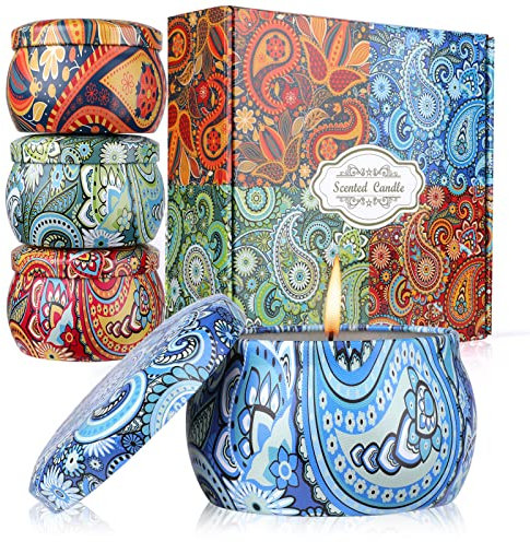 Candele Profumate Set da 4 Pezzi in Latta 500g Cera di Soia con Fragranza di Fiori Lavanda Fico per la Casa Aromaterapia per lei, Compleanno Regalo per Donna o Fidanzata Festa Della Mamma
