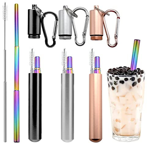 FLOTRUTE 3 Stück Teleskop Edelstahl Strohhalme, Strohhalme Wiederverwendbar, Party Strohhälme mit Reinigungsbürste Karabiner Schlüsselring Metallbox, für Cocktail, Smoothie und Säfte(10 bis 22.5cm)