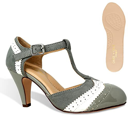 Chase + Chloe Kimmy-66 Damen-Pumpe, zweifarbig, Flügelspitzen, Retro, Rockability, 1950er-Jahre, T-Riemen, Pinup-Stil, Pumpe, Flapper, Grau/Weiß Komfort, 40.5 EU