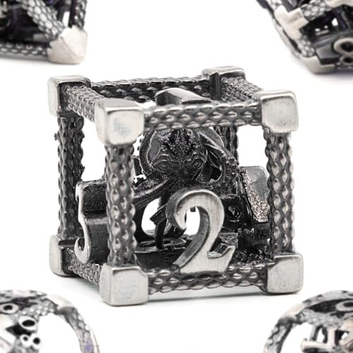 DND Würfelset Rollenspiel, Polyedrische Würfel Set D&D Metall ZHOORQI 7 Stück Der Cthulhu Würfelset für Brettspiel Dungeons and Dragons Verwendet Wird (Z-Retro Silver)