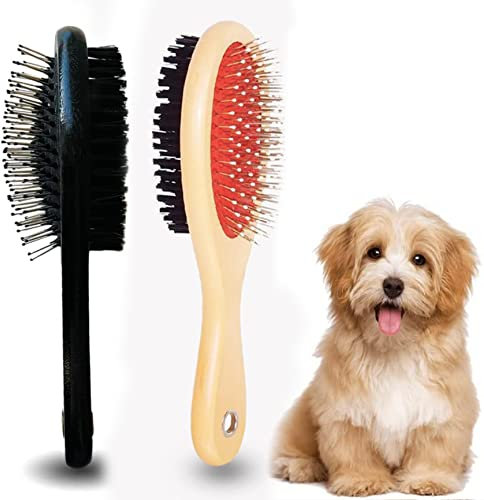 IB KOOT Wooden Dog Brushes for Grooming Double Sided Pet Hair Grooming Brush Professional Dog and Cat Brush for Shedding Ideal for Small and Long-Haired Dogs (1 Pack Random Color)