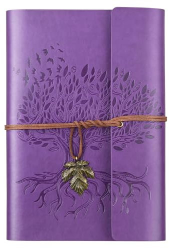 Billtigif PU-Leder-Tagebuch, nachfüllbar, Reisetagebuch, Vintage-Stil, Geschenke für Damen, Herren, Teenager, Mädchen und Jungen, 100 g/m², liniertes Papier, 160 Seiten (lila, A5, 23,4 x 16,5 cm)