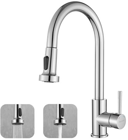 Decaura Küchenarmatur mit Brause Ausziehbar Wasserhahn Küche Spültischarmatur Schwanenhalshahn mit hohem Bogen 360° Schwenkbar Chrom
