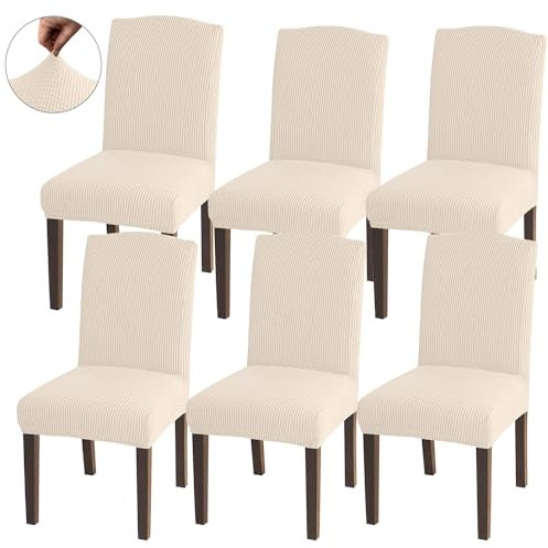 Granbest Hohe Dehnung Stuhlhussen, Universelle Passform Jacquard Esszimmerstühle Bezüge, Abnehmbare Stuhl Protektors für Esszimmer, Küche, Restaurant und Hotel (Set von 6, Beige)