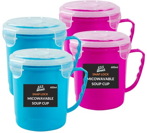 Soup Containers with Lids | 4 Pack | 600ml Microwavable Soup Mug with Lid | Microwave Bowl Soup Storage Containers | Dishwasher Safe Leak Proof Soup Cups with Lids for Home-Office & Outdoors