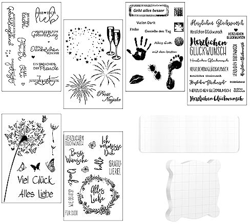 6 Blätter Silikonstempel, Silikonstempel Deutsche Set, Sprüche Deutsch Clear Stamp, Geburtstag Stempel, Glückwunsch Stempel, mit Acrylblock, für Hochzeit, DIY Journal, Scrapbooking, Fotoalbum
