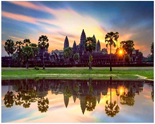 Wat bei Sonnenaufgang, berühmter Tempel bei Her Reap, Kambodscha, Malen-nach-Zahlen-Set für Erwachsene und Kinder, DIY-Wandkunst, Bild, gerahmte Leinwand, Ölgemälde-Set, digitale Farben für 40 x 40 cm