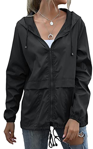 Muzeca Rain Jackets for Women Waterproof Lightweight Windbreaker Rain Coats with Hood Active Packable Raincoat Black Medium