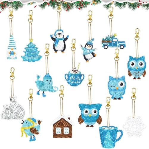 burkfeeg 15pcs pintura diamantes Navidad, 5D llaveros diamond painting, pintura de diamantes de búho DIY adecuada para decoración colgante
