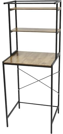 Mensola per lavatrice a 3 piani in MDF e supporto in ferro, multifunzionale per il bagno con 3 ripiani e barra trasversale, ripiano sopra la lavatrice per bagno (nero+rovere)