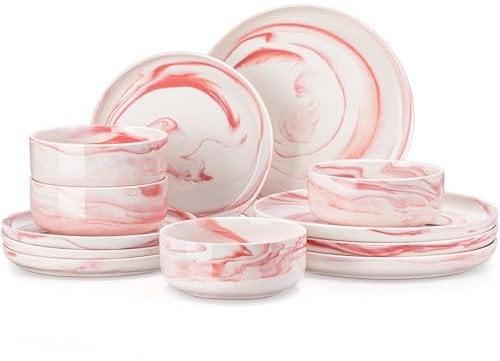 MALACASA Vajillas Completas para 4 Personas, Juego de Vajillas de Porcelana 12 Piezas con Platos Llanos, Platos de Postre y Cuencos de Cereales, Apto para Lavavajillas, Efecto Mármol Rosa, Serie LUNA