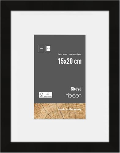 nielsen Bilderrahmen mit Passepartout, 15 x 20 cm, Holz, Schwarz, Fotorahmen zum Auftstellen und Aufhängen im Hoch- & Querformat, Echtglas, Skava