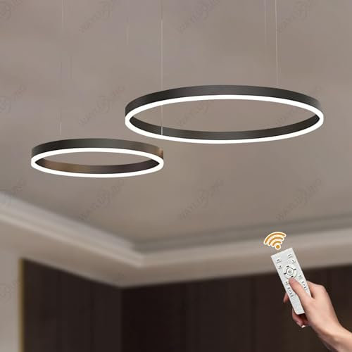 WayLuoung Metall LED Kronleuchter | 2 Kreise 40+60cm | 40W Rings Deckenhängelampe, Dimmbare Fernbedienung 3000–6000K, Acryl Schirm Pendelleuchte, Wohnzimmer Schlafzimmer Foyer Esszimmer【Schwarz】
