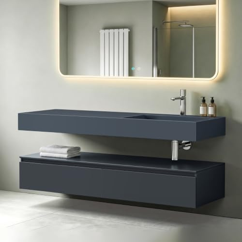 Mai & Mai Waschtisch mit Unterschrank inkl. Mineralguss-Waschbecken | Badmöbelset Anthrazit matt 150x48x25cm, mit Soft-Close Schubladen UP