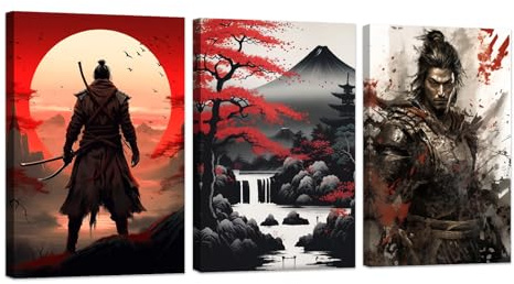 ZXHYWYM Samurai Wanddekoration 3 teilig inspirierendes Bushido Poster asiatischer Krieger Druck auf Leinwand rote und schwarze japanische Kulturmalerei mit Rahmen (B (30x40cmx3))