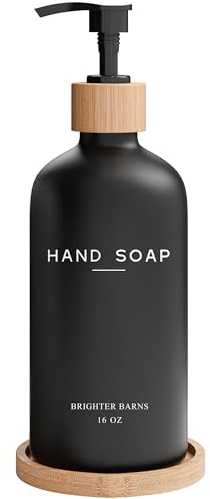 Black Glass Hand Soap Dispenser Bathroom Set by Brighter Barns - Bathroom Soap Dispenser Set with Tray - Glass Pump Bottle - Luxury Bathroom Accessories for Hotel, Vacation Rental, Restaurants (Black)