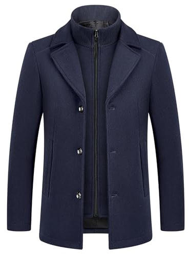 KUDMOL - Cappotto da uomo in lana per l'inverno, caldo, trench classico, parka, pardessus, caban, slim fit, business, duffle-coats, antivento, con risvolti, overcoat, blu marino, XXL