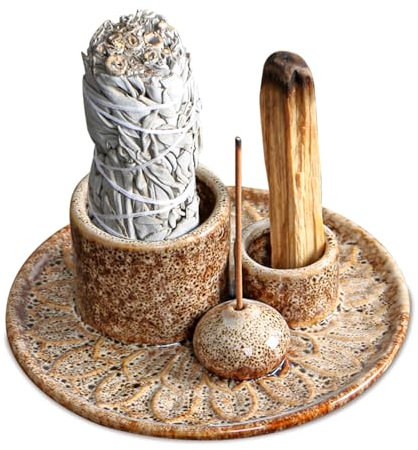 WEGREAT Cuenco de Incienso 4 en 1: Soporte de Cerámica, Bandeja para Meditación, Soporte de Palo Santo para Conos, Incienso y Salvia Blanca