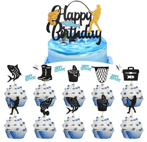 DABLL 16 Stück Angler Thema Kuchen Dekoration Fische Angeln Cake Toppers Happy Birthday Tortendeko für Kuchen DIY und Geburtstagsfeier Dekoration Party Dekoration Supplies